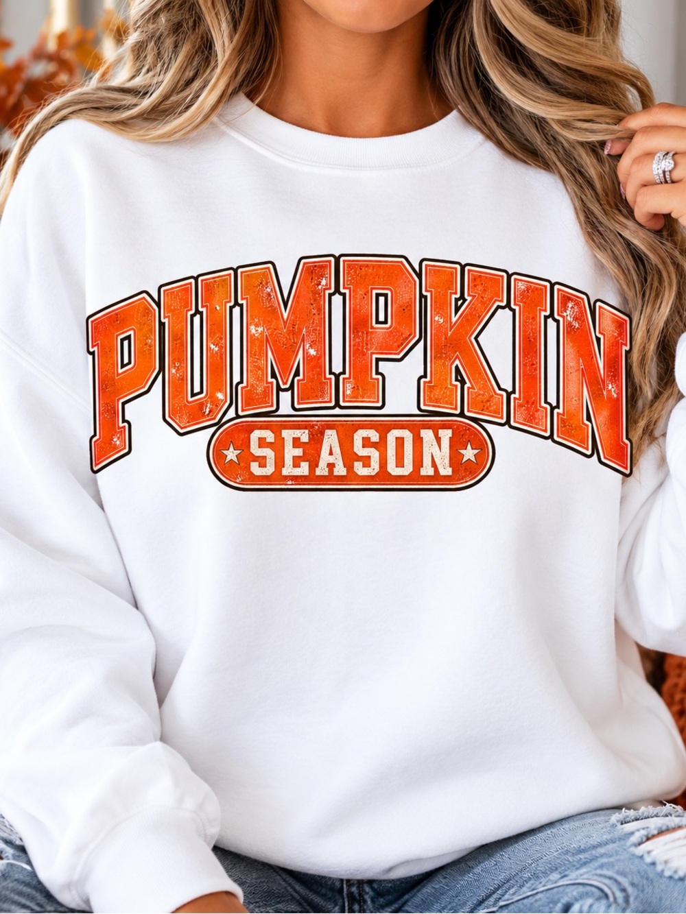 Gildan White Sweatshirt with Orange 'Pumpkin Season' Graphic